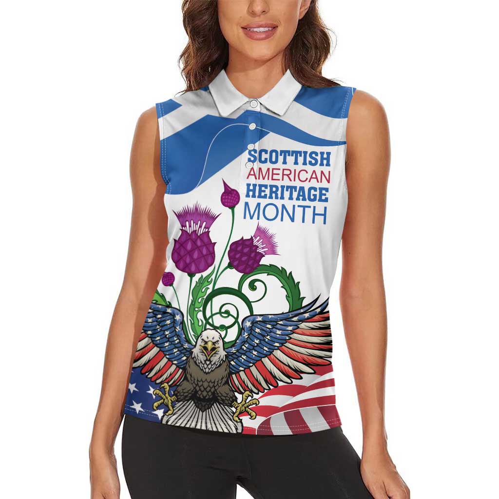 Scottish American Heritage Month Women Sleeveless Polo Shirt Thistle And American Eagle