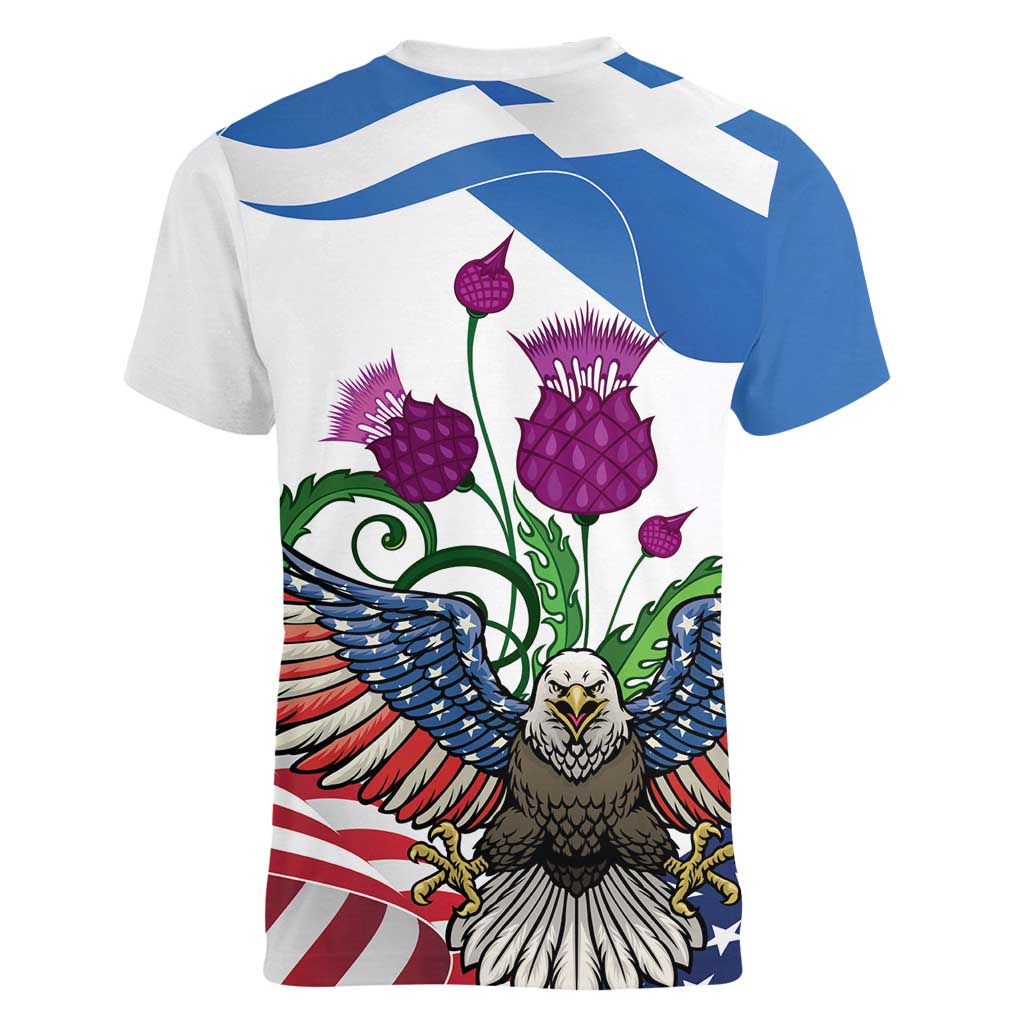 Scottish American Heritage Month Women V-Neck T-Shirt Thistle And American Eagle