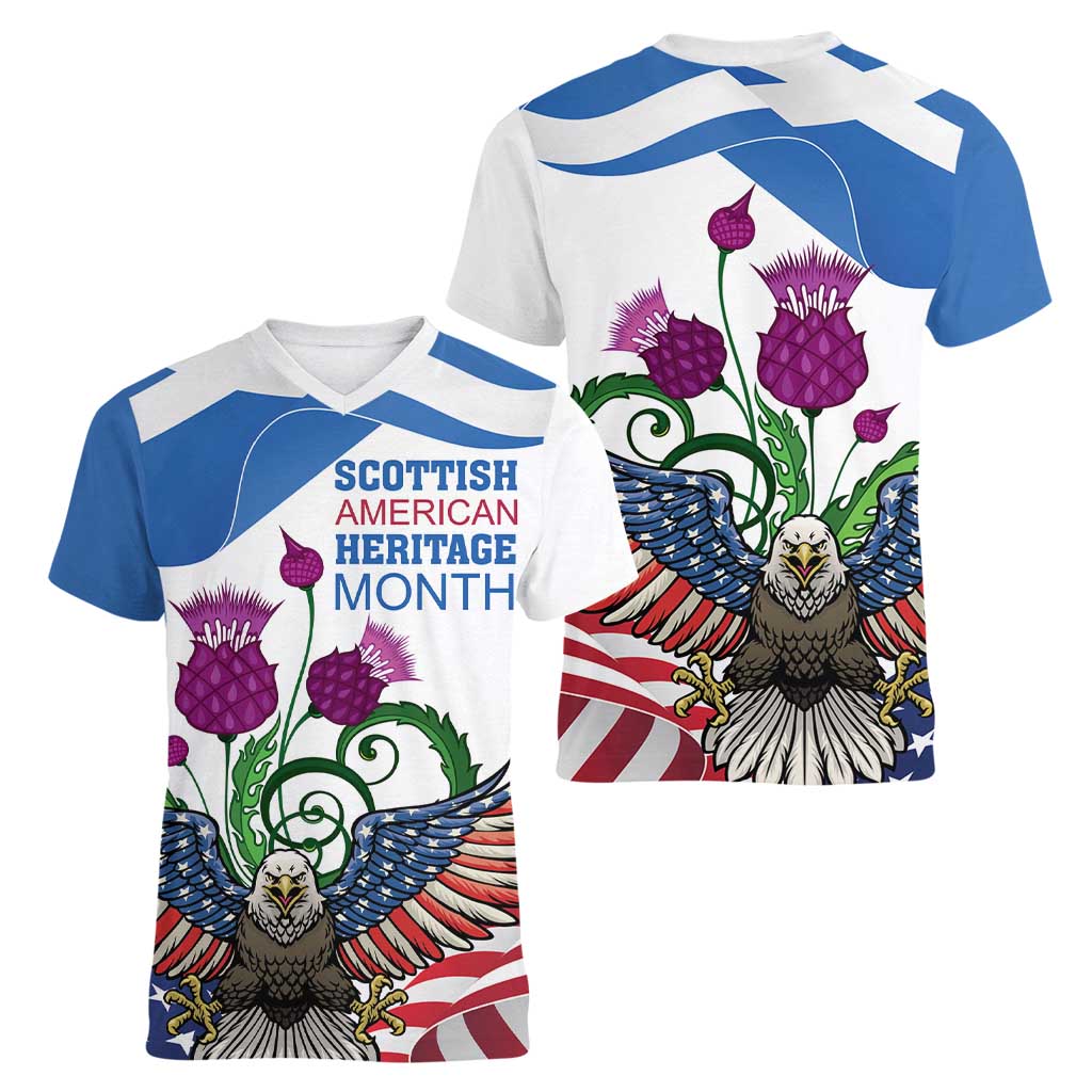 Scottish American Heritage Month Women V-Neck T-Shirt Thistle And American Eagle