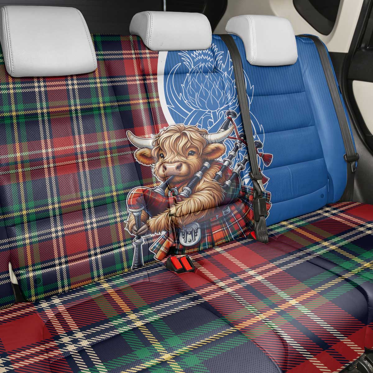 Scottish Tartan Back Car Seat Cover Highland Cow Playing Bagpipes
