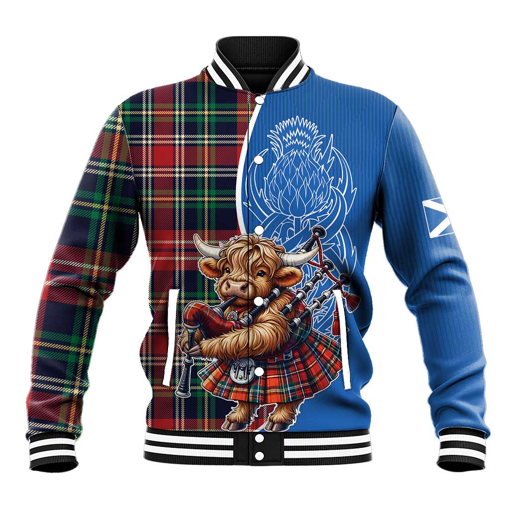 Scottish Tartan Baseball Jacket Highland Cow Playing Bagpipes