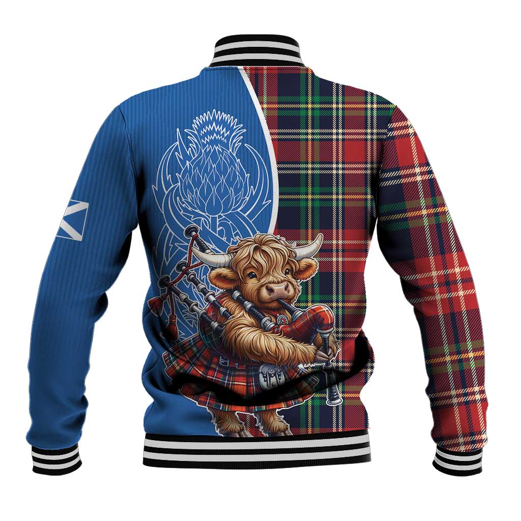 Scottish Tartan Baseball Jacket Highland Cow Playing Bagpipes