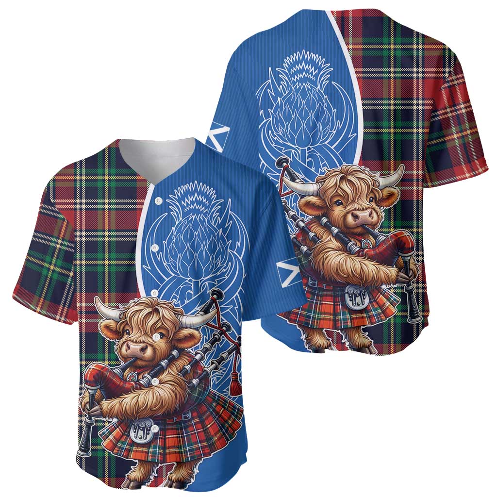 Scottish Tartan Baseball Jersey Highland Cow Playing Bagpipes