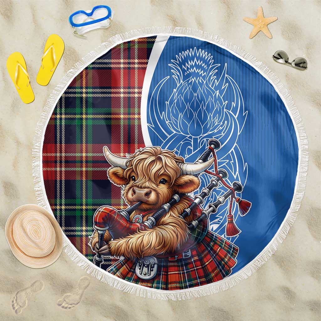 Scottish Tartan Beach Blanket Highland Cow Playing Bagpipes