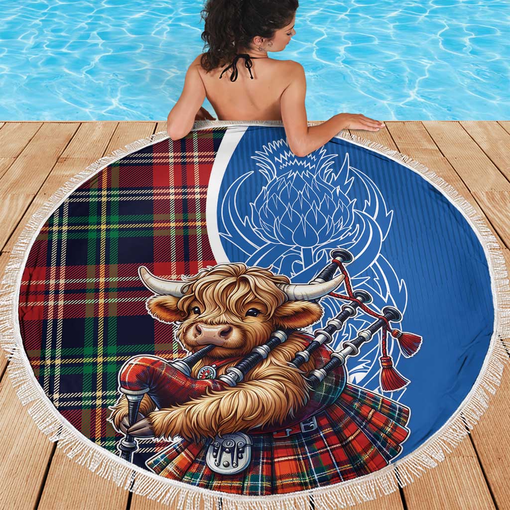 Scottish Tartan Beach Blanket Highland Cow Playing Bagpipes