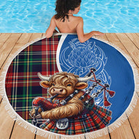 Scottish Tartan Beach Blanket Highland Cow Playing Bagpipes