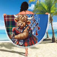 Scottish Tartan Beach Blanket Highland Cow Playing Bagpipes
