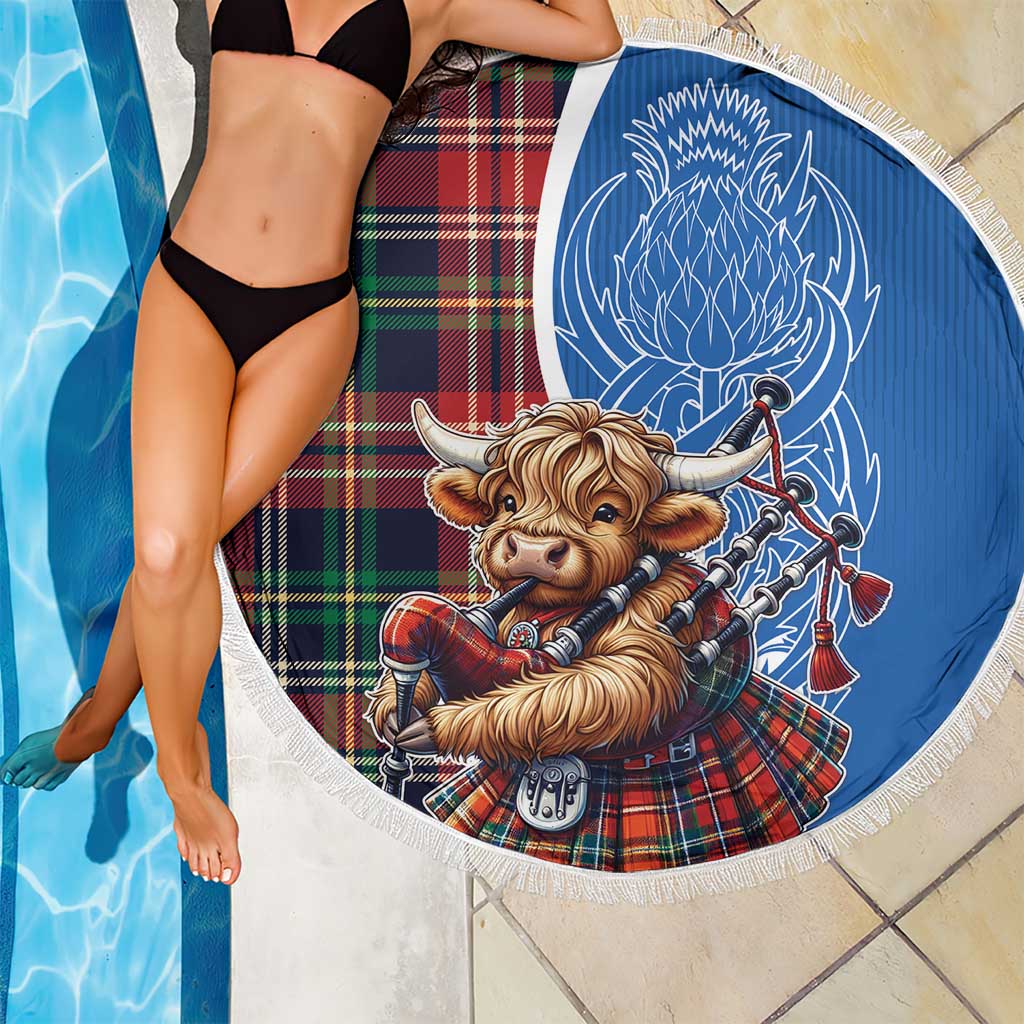 Scottish Tartan Beach Blanket Highland Cow Playing Bagpipes