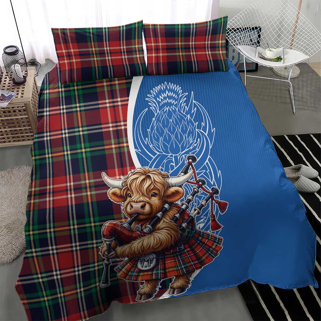 Scottish Tartan Bedding Set Highland Cow Playing Bagpipes