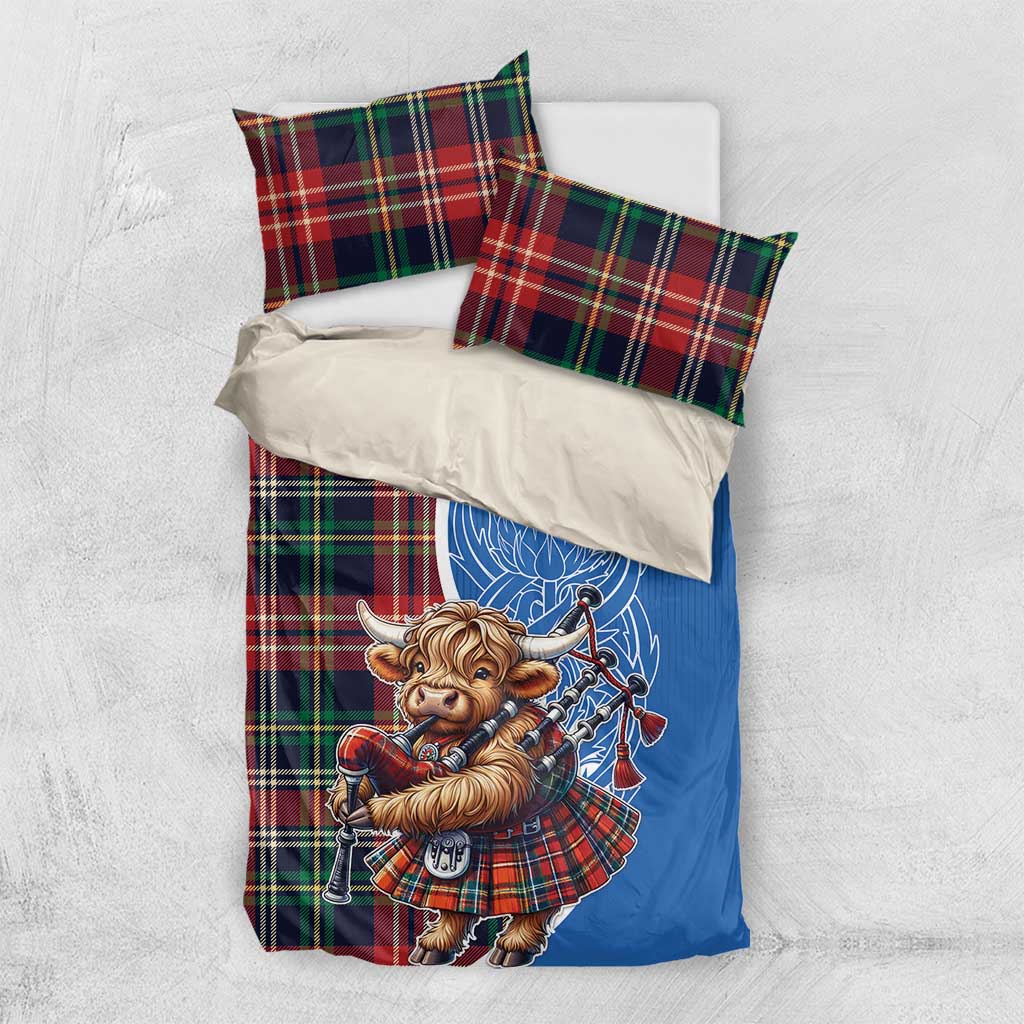 Scottish Tartan Bedding Set Highland Cow Playing Bagpipes