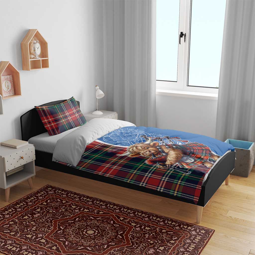 Scottish Tartan Bedding Set Highland Cow Playing Bagpipes