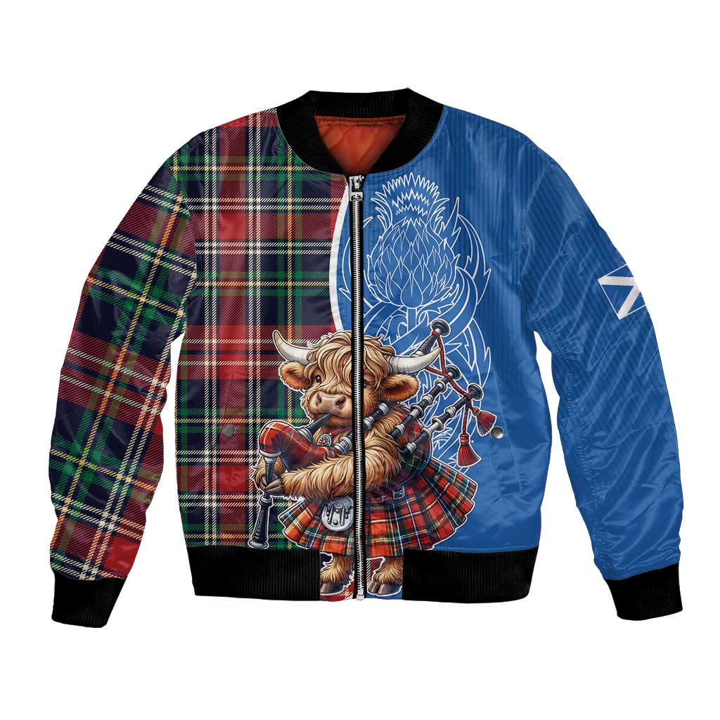 Scottish Tartan Bomber Jacket Highland Cow Playing Bagpipes