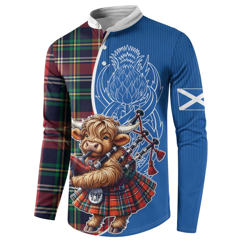 Scottish Tartan Button Sweatshirt Highland Cow Playing Bagpipes