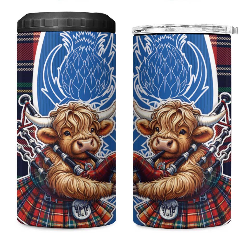 Scottish Tartan 4 in 1 Can Cooler Tumbler Highland Cow Playing Bagpipes