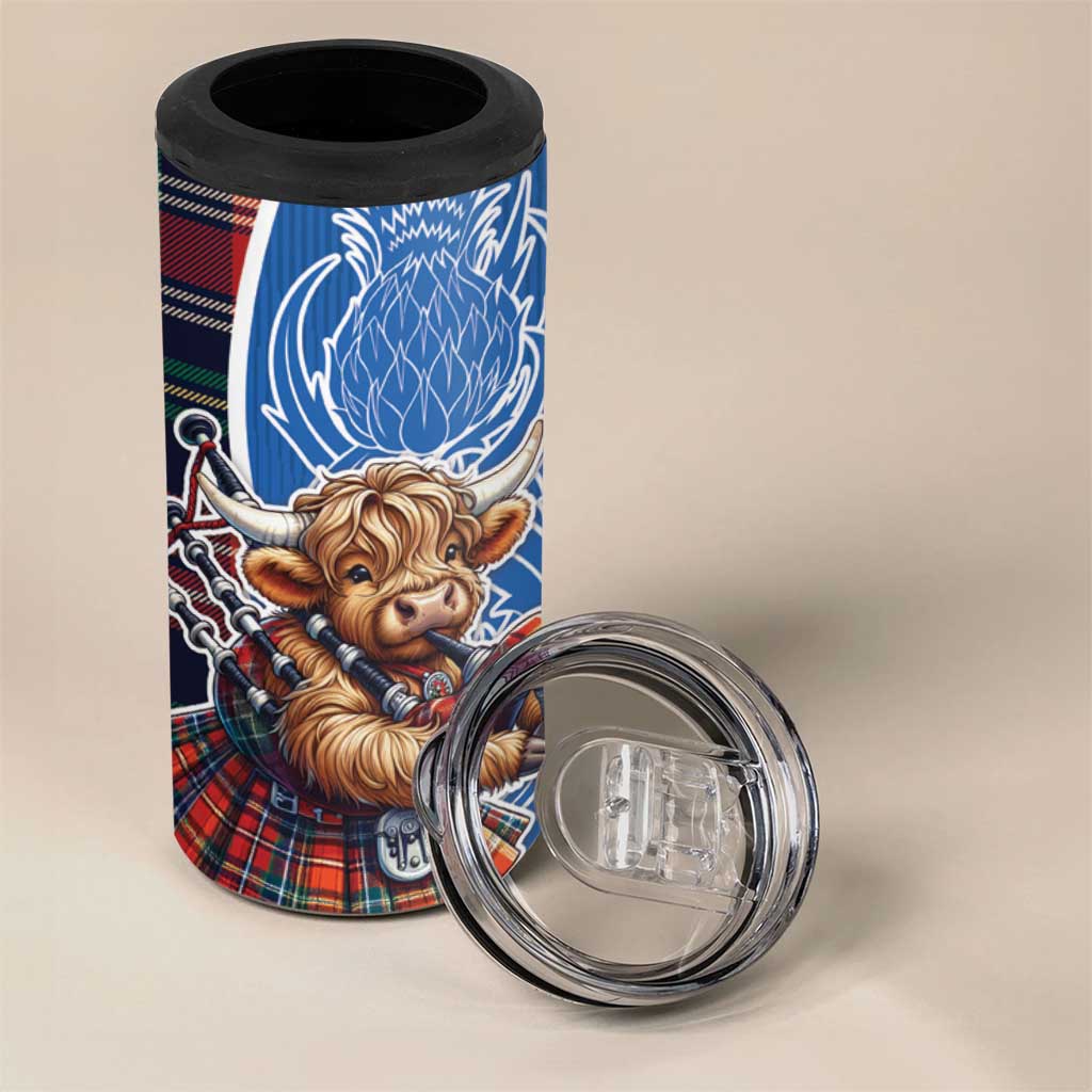 Scottish Tartan 4 in 1 Can Cooler Tumbler Highland Cow Playing Bagpipes