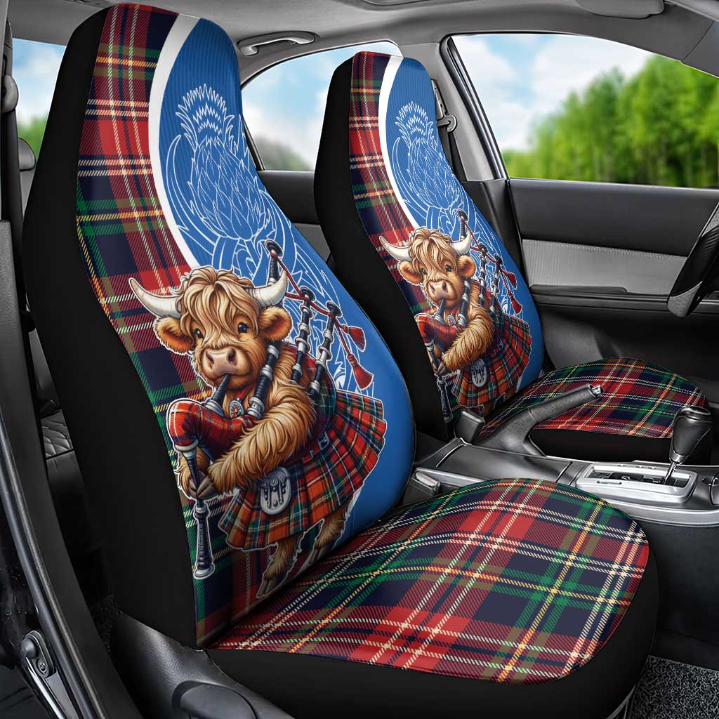 Scottish Tartan Car Seat Cover Highland Cow Playing Bagpipes