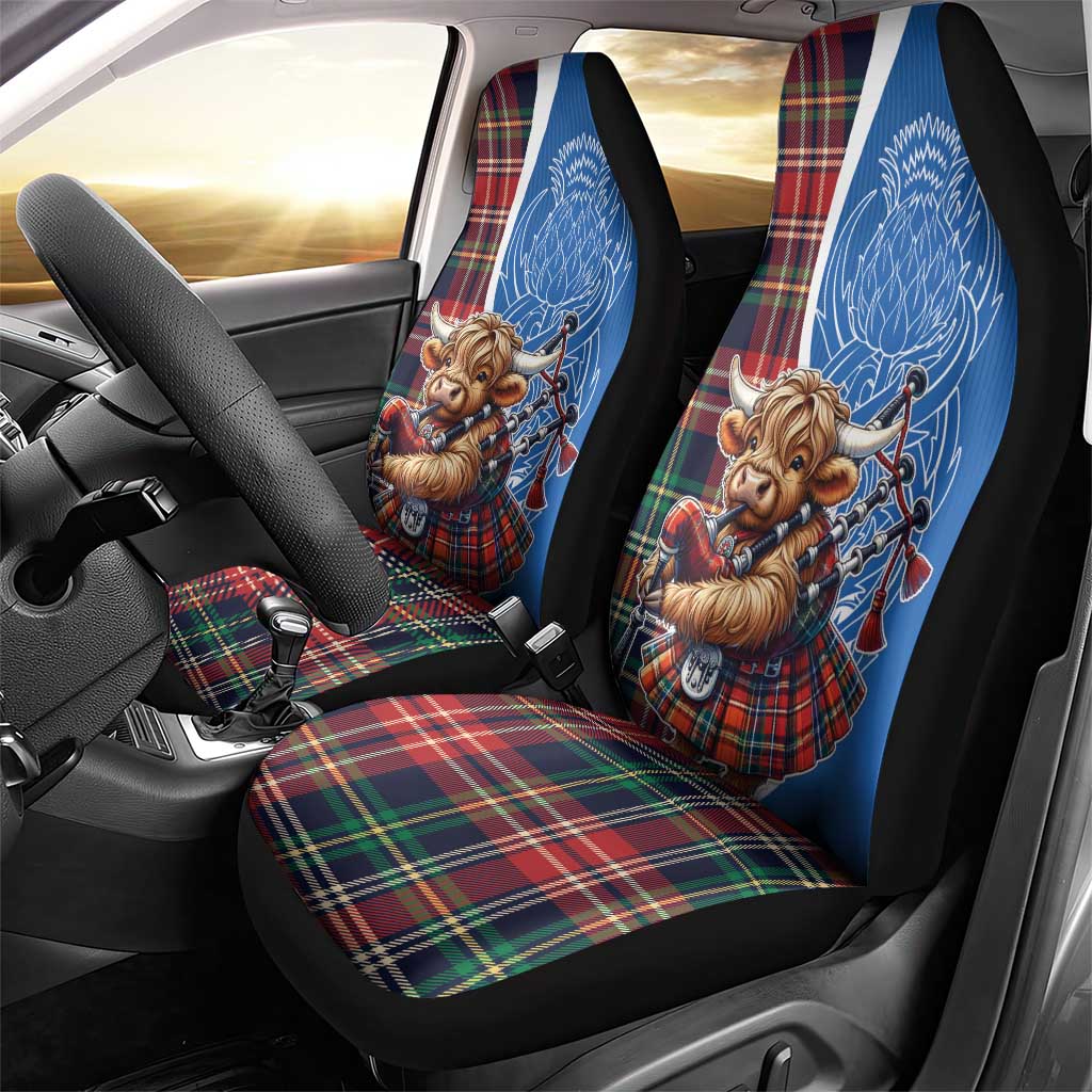 Scottish Tartan Car Seat Cover Highland Cow Playing Bagpipes