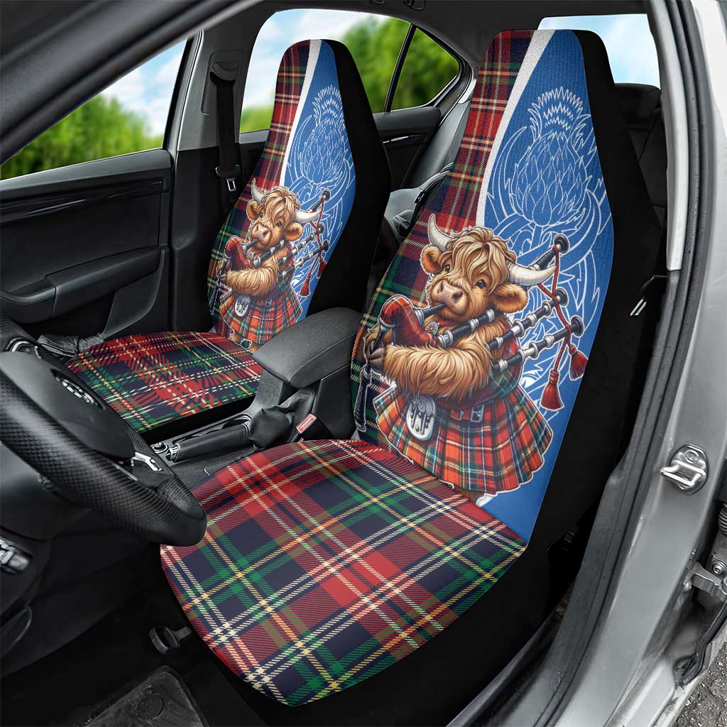 Scottish Tartan Car Seat Cover Highland Cow Playing Bagpipes