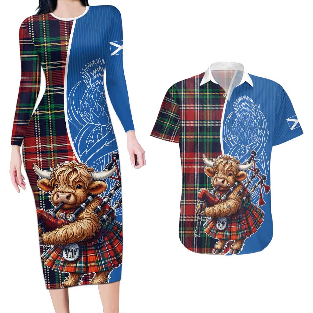 Scottish Tartan Couples Matching Long Sleeve Bodycon Dress and Hawaiian Shirt Highland Cow Playing Bagpipes