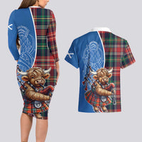 Scottish Tartan Couples Matching Long Sleeve Bodycon Dress and Hawaiian Shirt Highland Cow Playing Bagpipes