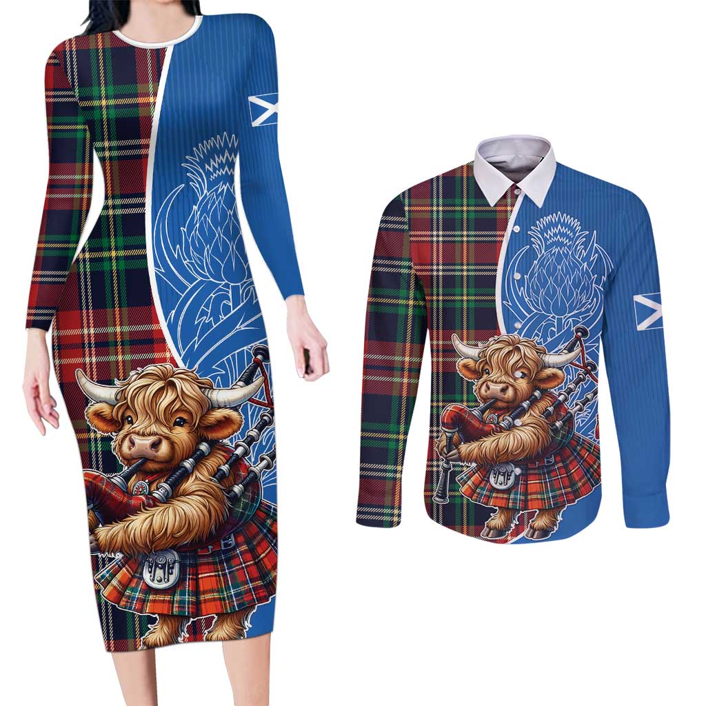 Scottish Tartan Couples Matching Long Sleeve Bodycon Dress and Long Sleeve Button Shirt Highland Cow Playing Bagpipes