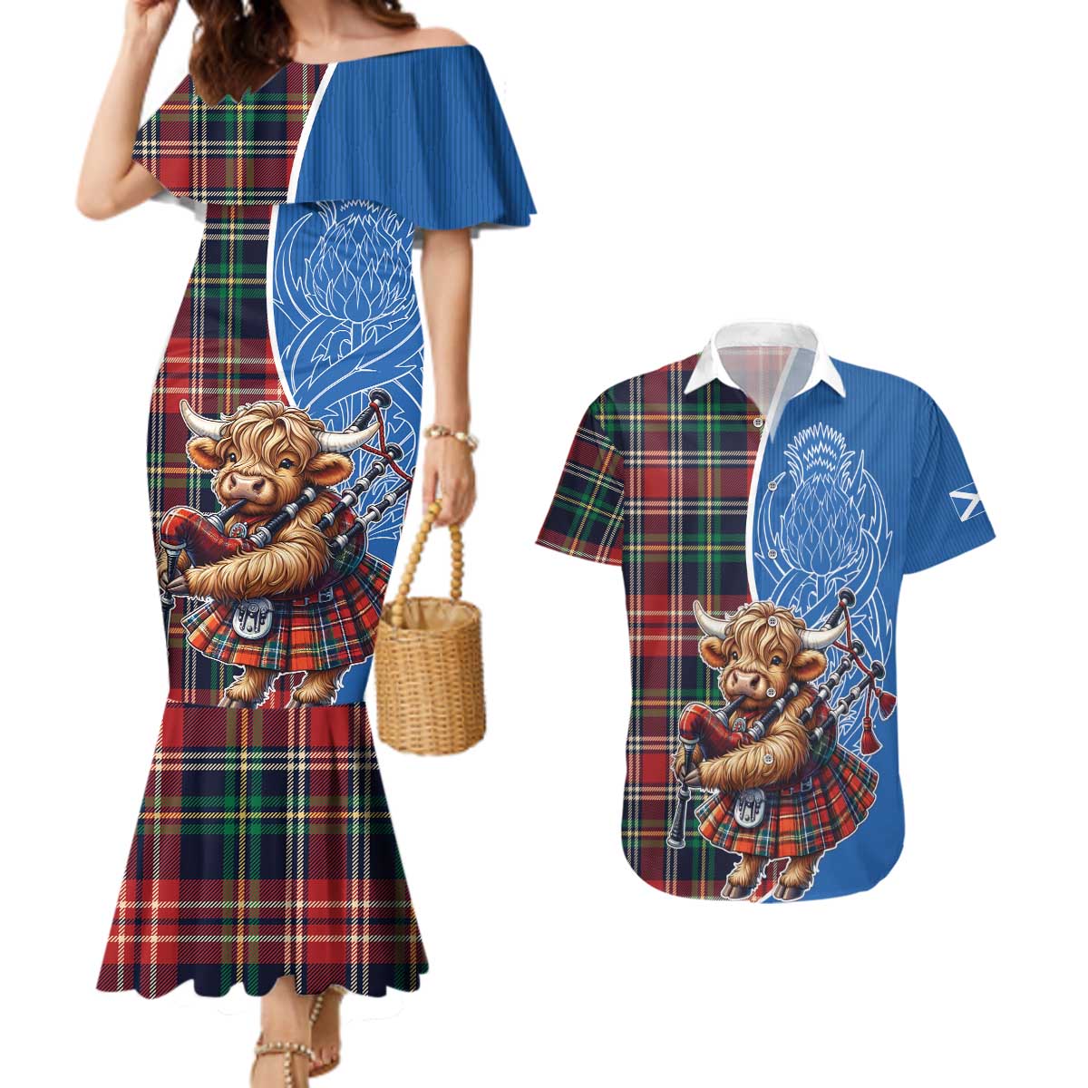 Scottish Tartan Couples Matching Mermaid Dress and Hawaiian Shirt Highland Cow Playing Bagpipes