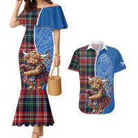 Scottish Tartan Couples Matching Mermaid Dress and Hawaiian Shirt Highland Cow Playing Bagpipes