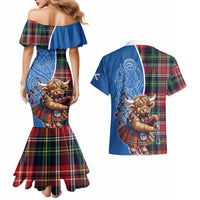 Scottish Tartan Couples Matching Mermaid Dress and Hawaiian Shirt Highland Cow Playing Bagpipes