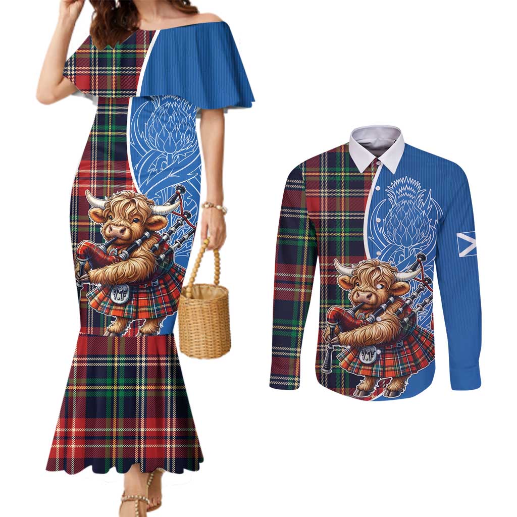 Scottish Tartan Couples Matching Mermaid Dress and Long Sleeve Button Shirt Highland Cow Playing Bagpipes