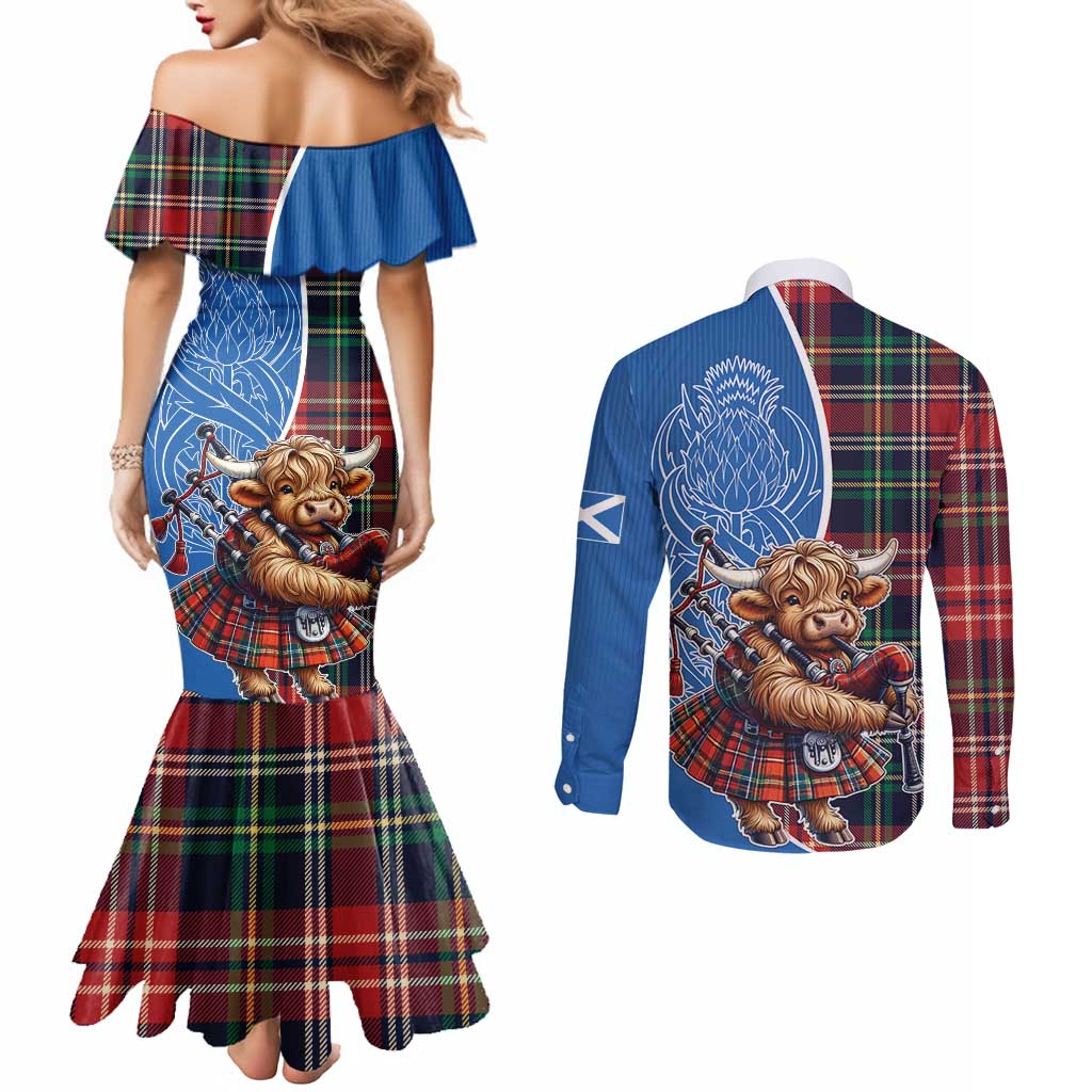 Scottish Tartan Couples Matching Mermaid Dress and Long Sleeve Button Shirt Highland Cow Playing Bagpipes