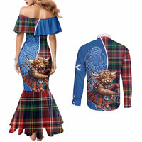 Scottish Tartan Couples Matching Mermaid Dress and Long Sleeve Button Shirt Highland Cow Playing Bagpipes