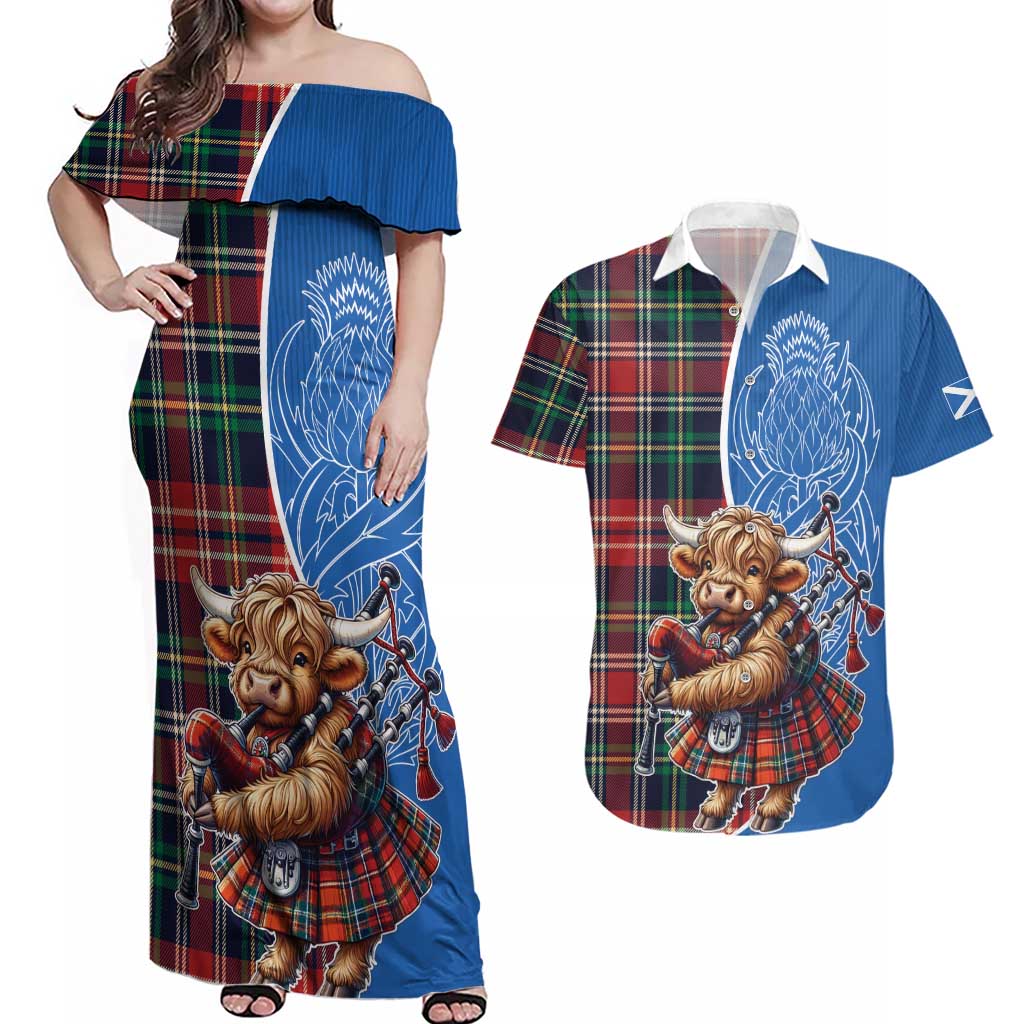 Scottish Tartan Couples Matching Off Shoulder Maxi Dress and Hawaiian Shirt Highland Cow Playing Bagpipes