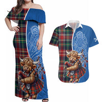 Scottish Tartan Couples Matching Off Shoulder Maxi Dress and Hawaiian Shirt Highland Cow Playing Bagpipes