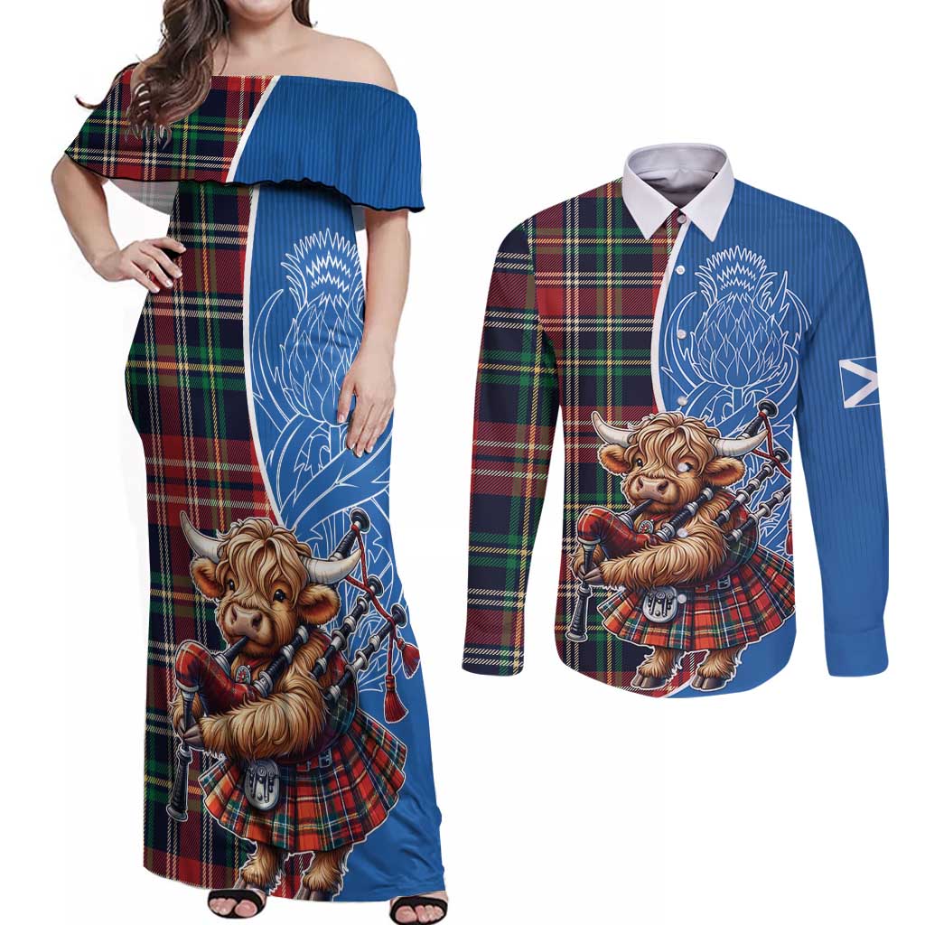 Scottish Tartan Couples Matching Off Shoulder Maxi Dress and Long Sleeve Button Shirt Highland Cow Playing Bagpipes