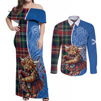 Scottish Tartan Couples Matching Off Shoulder Maxi Dress and Long Sleeve Button Shirt Highland Cow Playing Bagpipes
