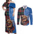Scottish Tartan Couples Matching Off Shoulder Maxi Dress and Long Sleeve Button Shirt Highland Cow Playing Bagpipes