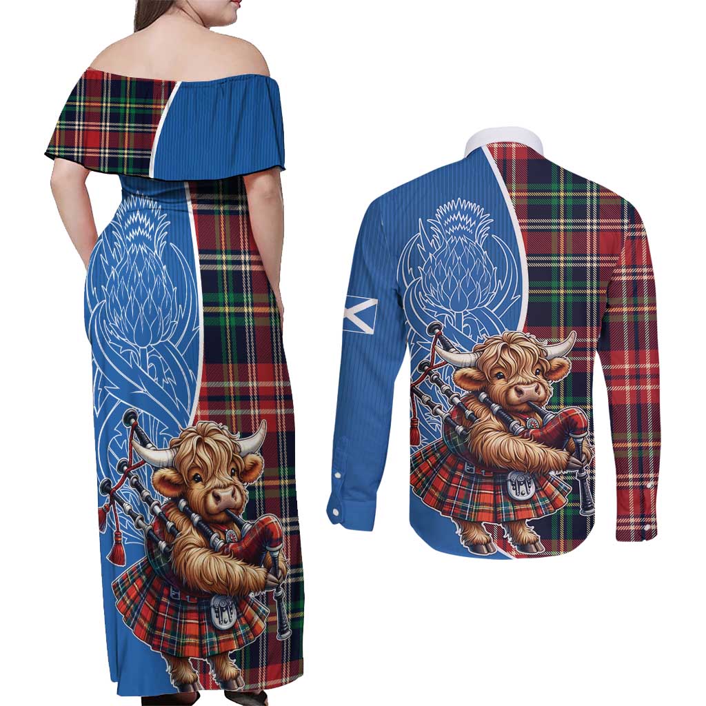 Scottish Tartan Couples Matching Off Shoulder Maxi Dress and Long Sleeve Button Shirt Highland Cow Playing Bagpipes