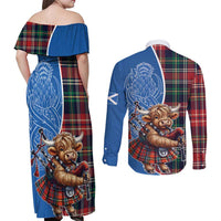 Scottish Tartan Couples Matching Off Shoulder Maxi Dress and Long Sleeve Button Shirt Highland Cow Playing Bagpipes
