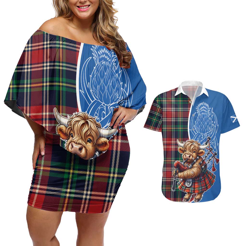 Scottish Tartan Couples Matching Off Shoulder Short Dress and Hawaiian Shirt Highland Cow Playing Bagpipes