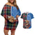 Scottish Tartan Couples Matching Off Shoulder Short Dress and Hawaiian Shirt Highland Cow Playing Bagpipes
