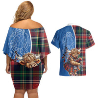 Scottish Tartan Couples Matching Off Shoulder Short Dress and Hawaiian Shirt Highland Cow Playing Bagpipes