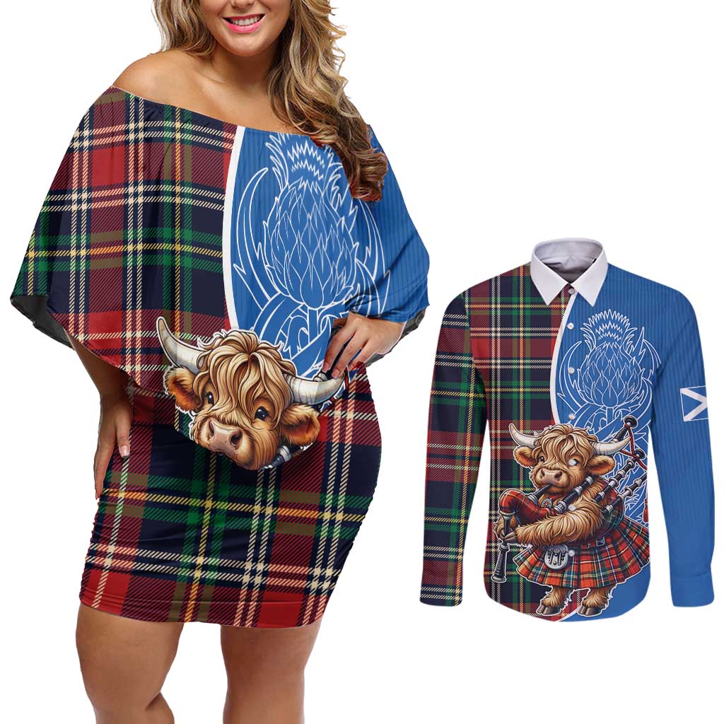 Scottish Tartan Couples Matching Off Shoulder Short Dress and Long Sleeve Button Shirt Highland Cow Playing Bagpipes
