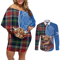 Scottish Tartan Couples Matching Off Shoulder Short Dress and Long Sleeve Button Shirt Highland Cow Playing Bagpipes