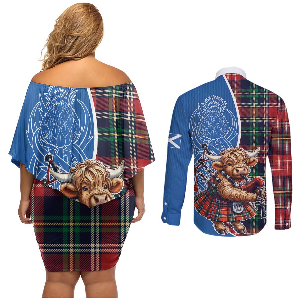 Scottish Tartan Couples Matching Off Shoulder Short Dress and Long Sleeve Button Shirt Highland Cow Playing Bagpipes