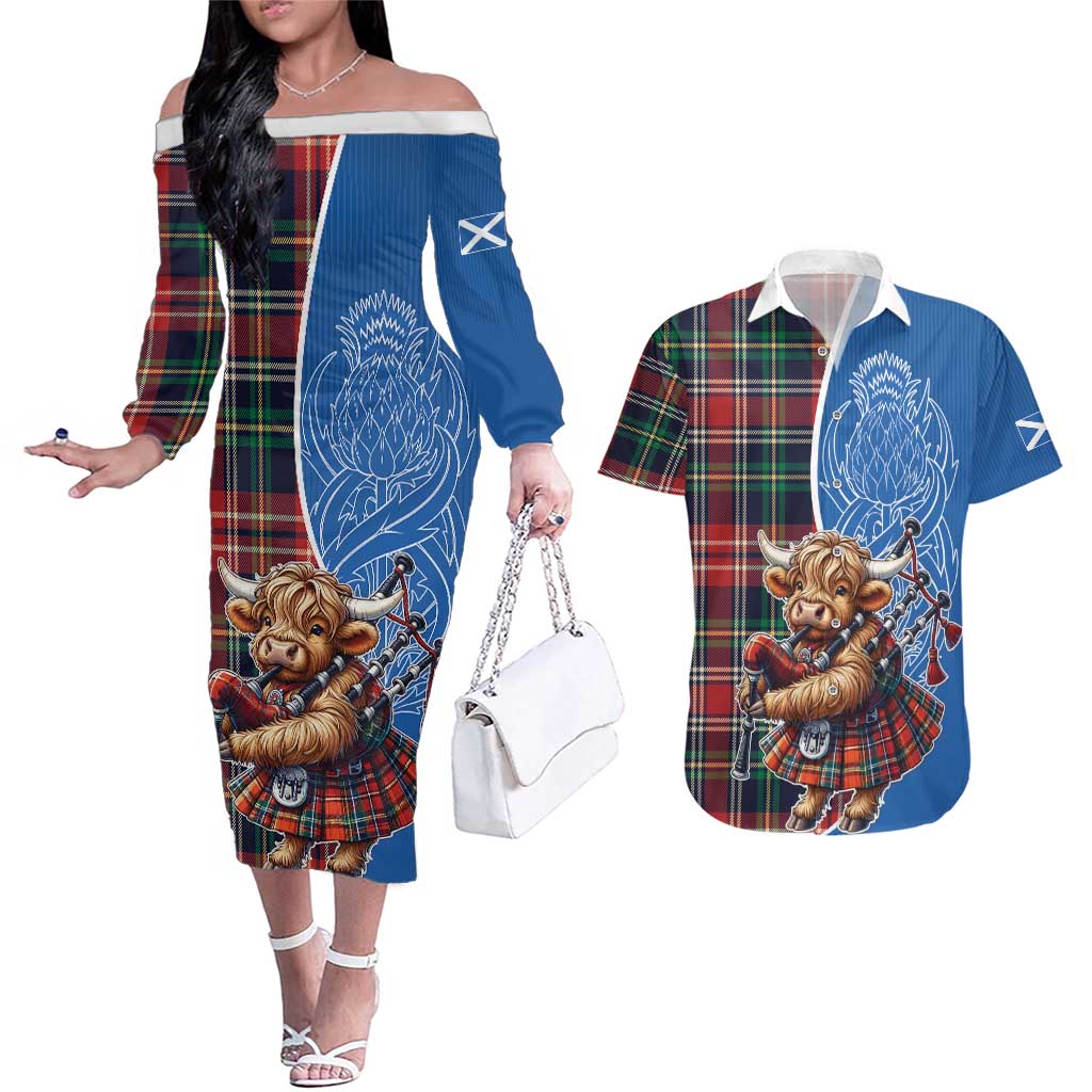 Scottish Tartan Couples Matching Off The Shoulder Long Sleeve Dress and Hawaiian Shirt Highland Cow Playing Bagpipes