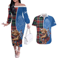 Scottish Tartan Couples Matching Off The Shoulder Long Sleeve Dress and Hawaiian Shirt Highland Cow Playing Bagpipes