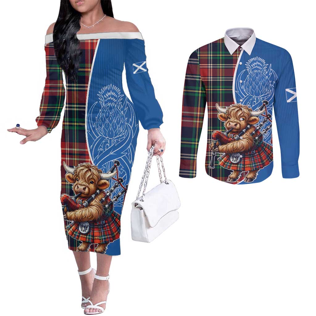 Scottish Tartan Couples Matching Off The Shoulder Long Sleeve Dress and Long Sleeve Button Shirt Highland Cow Playing Bagpipes
