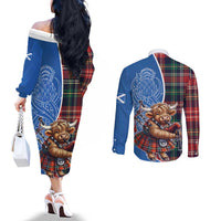 Scottish Tartan Couples Matching Off The Shoulder Long Sleeve Dress and Long Sleeve Button Shirt Highland Cow Playing Bagpipes