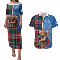 Scottish Tartan Couples Matching Puletasi and Hawaiian Shirt Highland Cow Playing Bagpipes