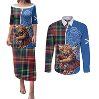 Scottish Tartan Couples Matching Puletasi and Long Sleeve Button Shirt Highland Cow Playing Bagpipes